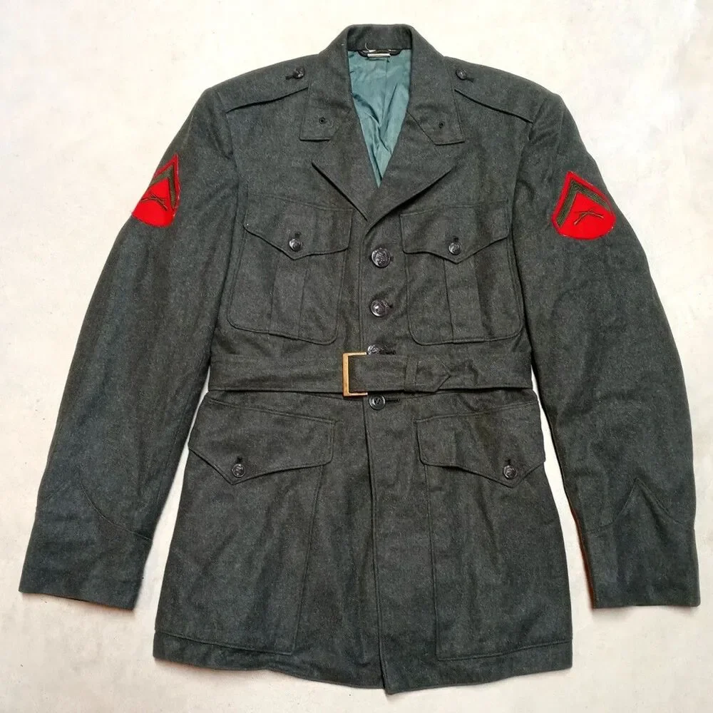 Vintage Green Wool Kersey Coat Size 38R Belted US Army Military Uniform